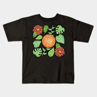 Oranges, Slices, Dahlia, Monstera, Rhapidophora, and Philodendron Gloriosum Leaves Kids T-Shirt